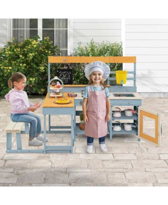 Mud Kitchen with Kids Picnic Table Built-in Bench Blackboard Water Box Sink