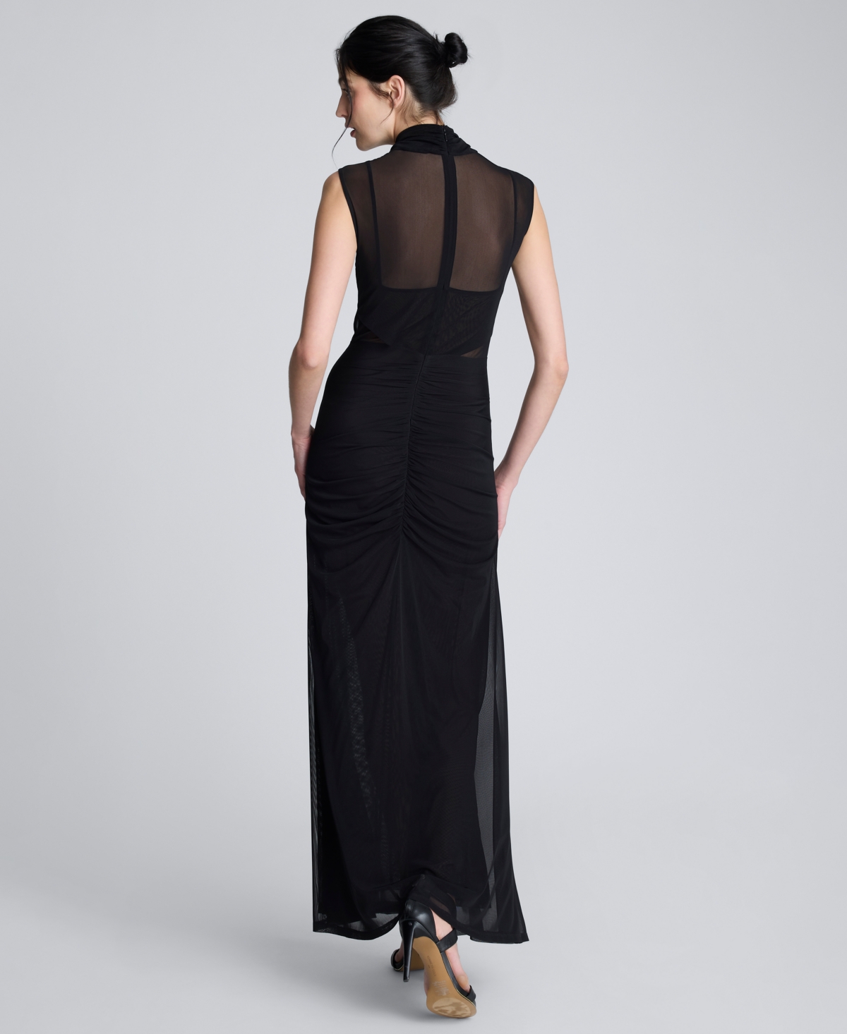 Kenneth Cole Pleated Illusion Neck Maxi Cocktail Dress In Black