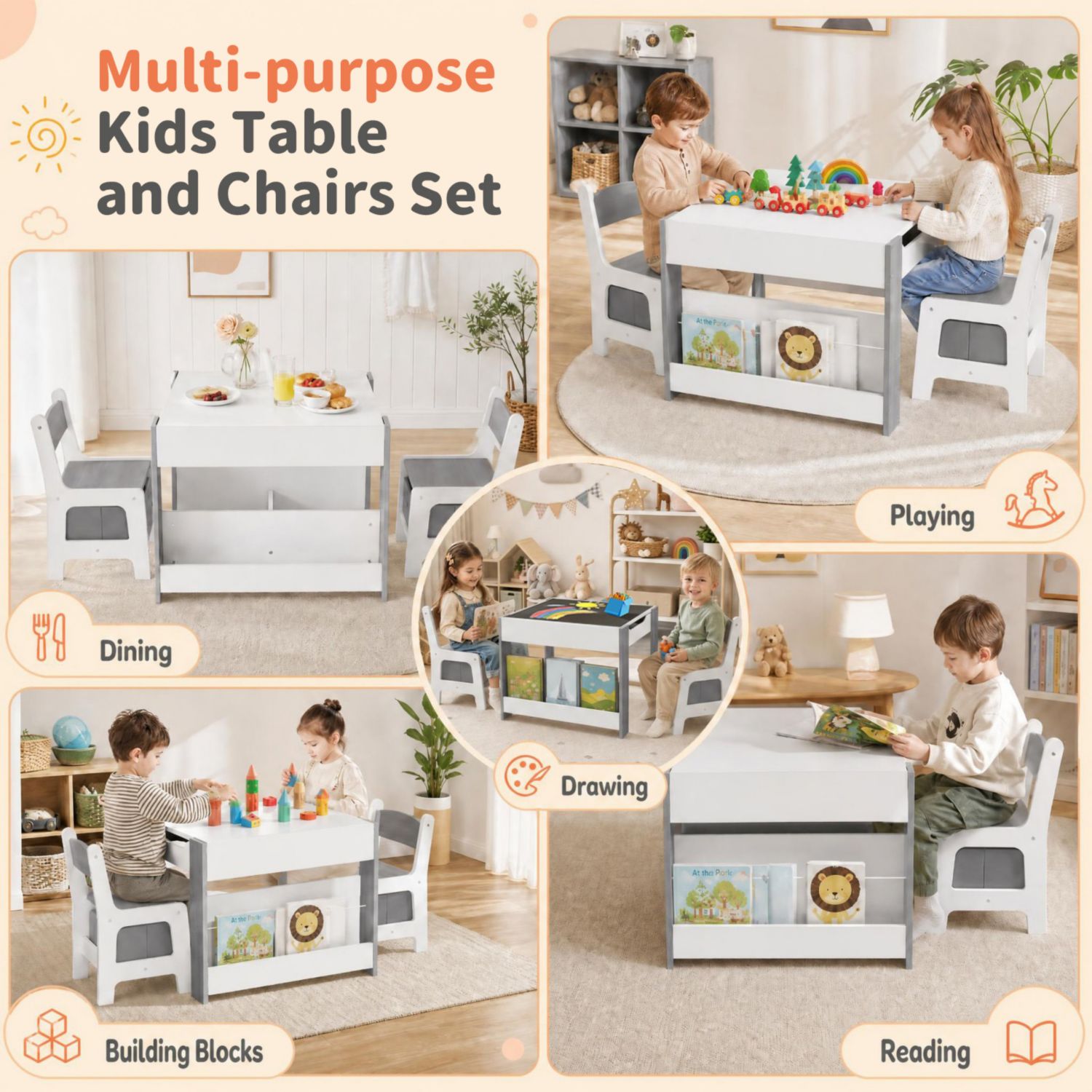Ages 3-6 Reversible Chalkboard-Whiteboard Activity Table with Storage, 5-Piece Set