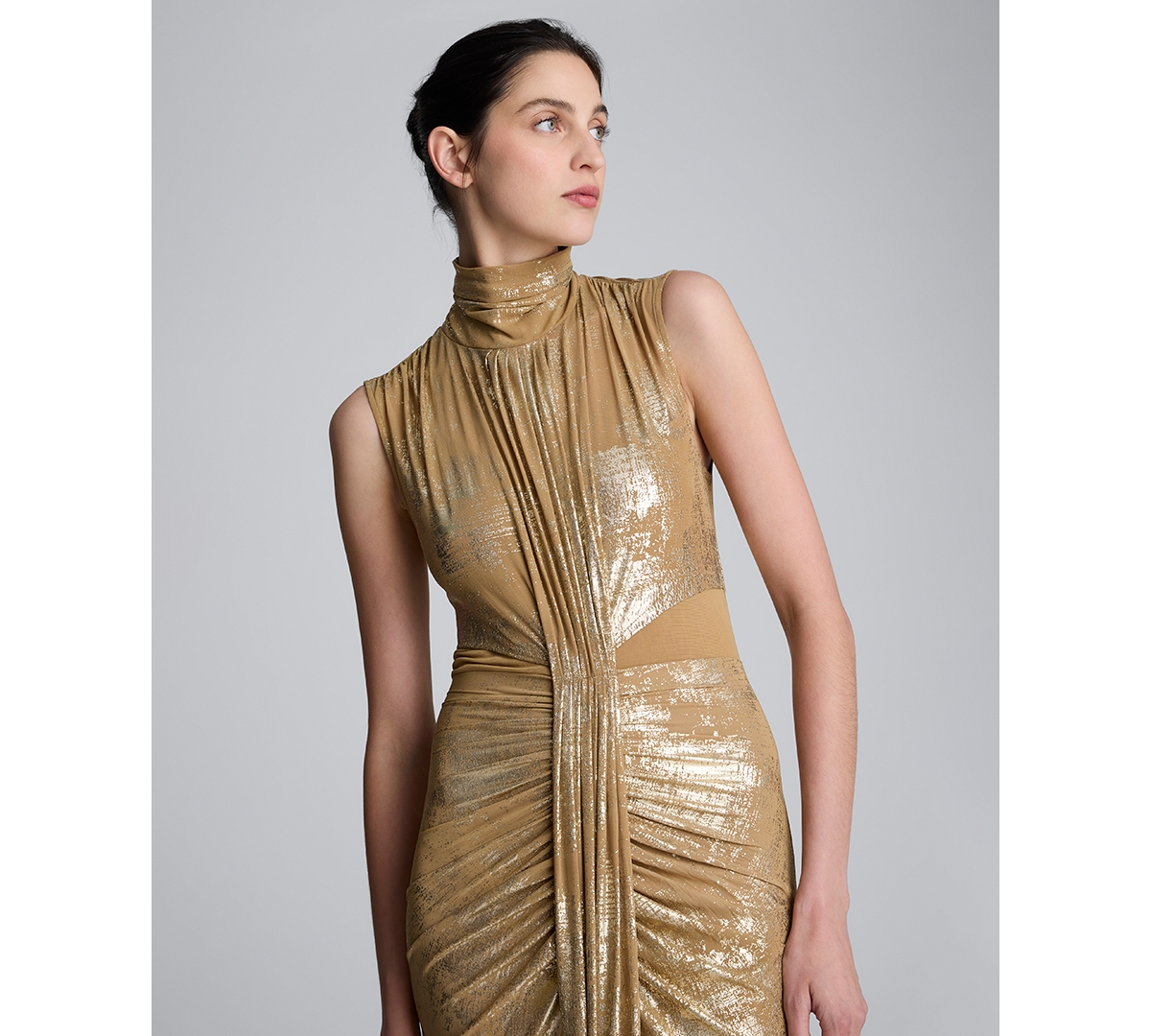 Kenneth Cole Metallic Foil Mesh Pleated Bodice Maxi Dress In Gold