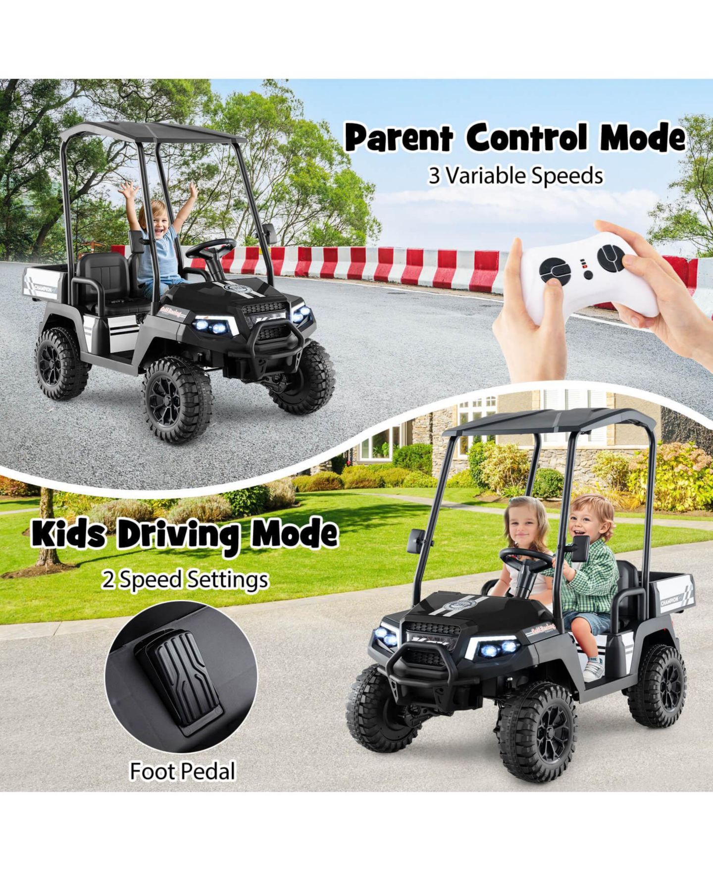 Детская игрушка Costway 24V 7AH Kids Golf Cart 4WD 2 Seater Ride on Car with Sun Shade Dump, цвет: Чёрный — фото 5