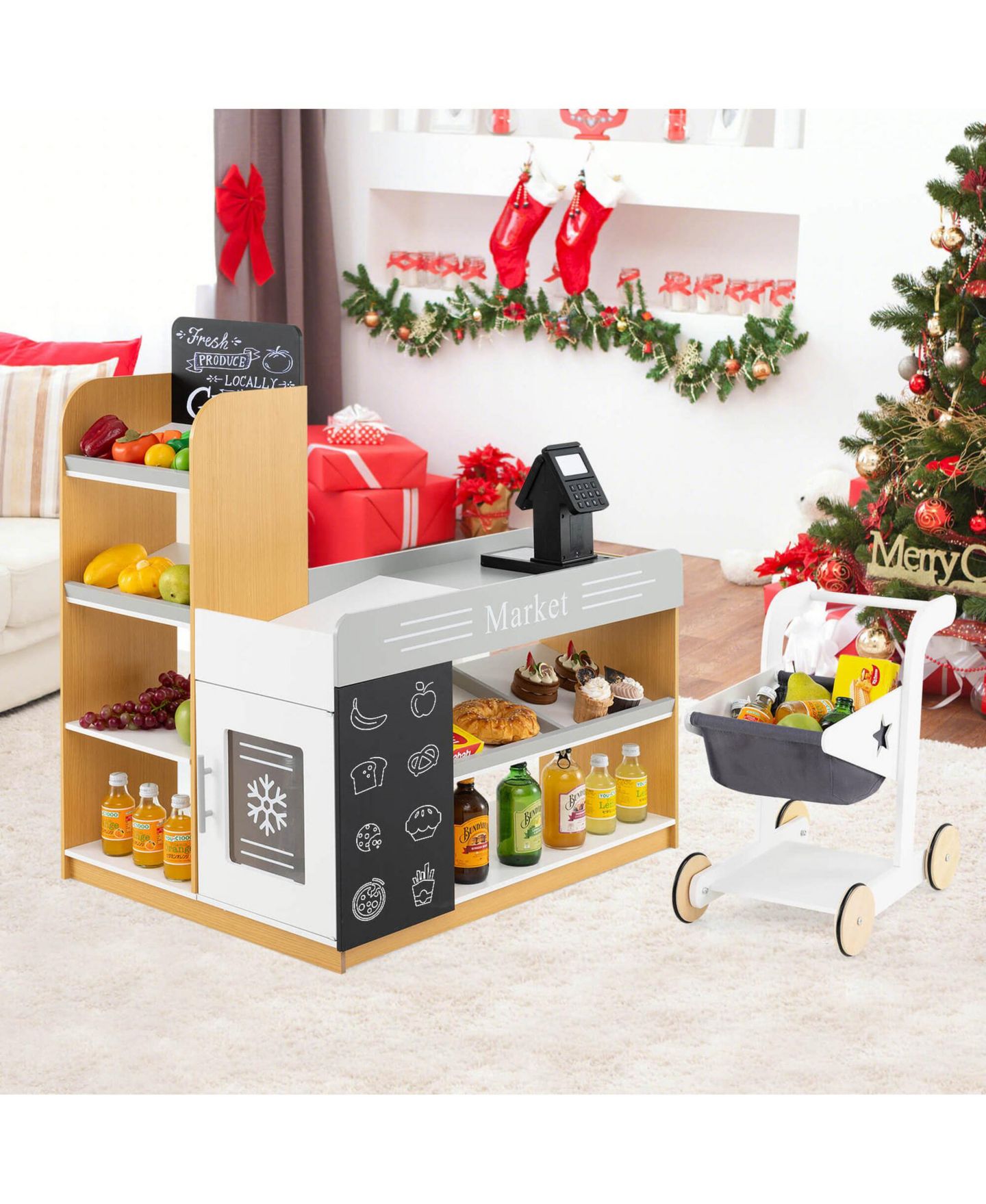 Детская игрушка Costway Kids Grocery Store with Shopping Cart Cash Register Scanner, цвет: Assorted Pre-Pack — фото 2
