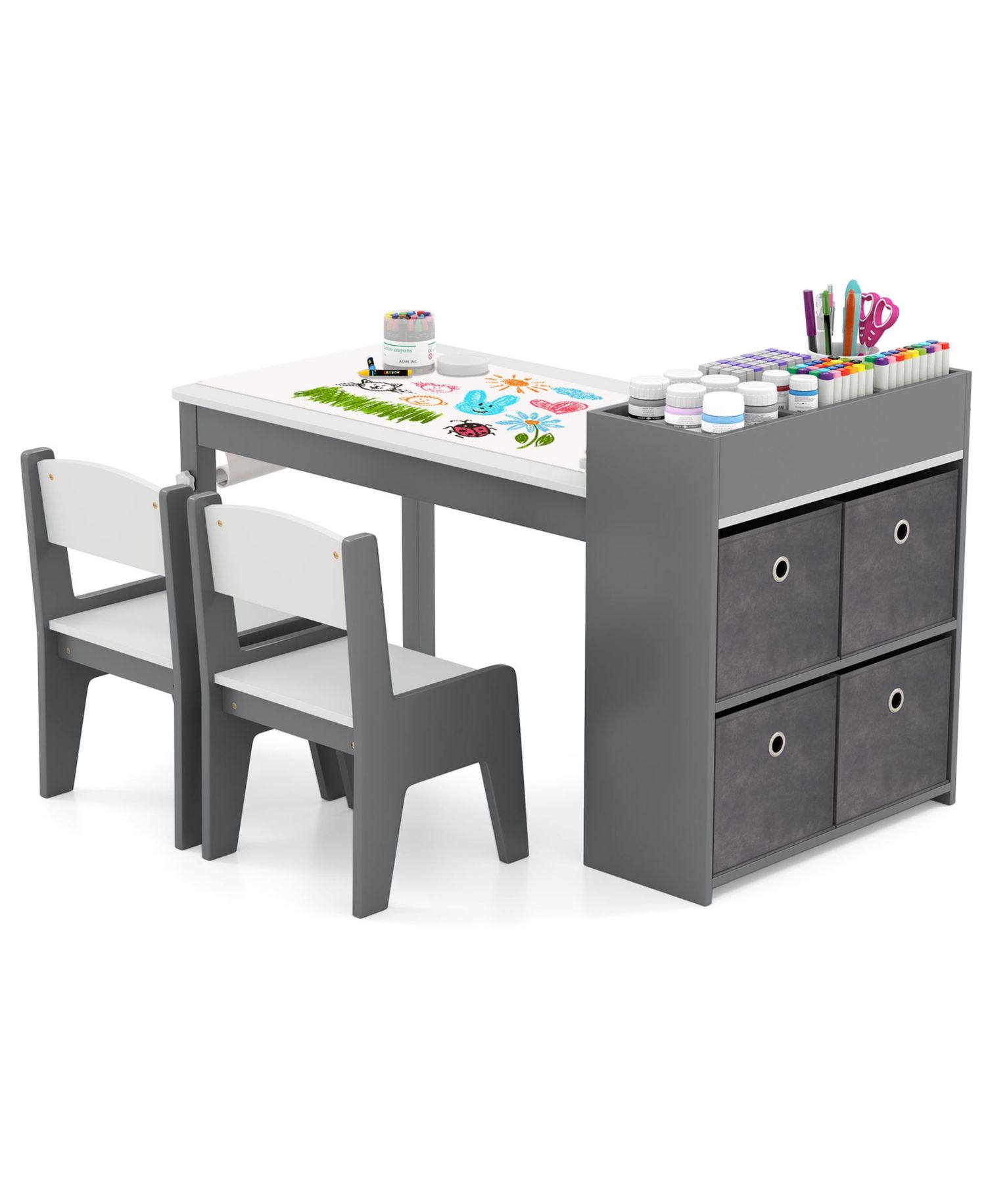 Paper Roll Activity Table with Storage for Ages 3+, Table and Chairs, 3-Piece Set