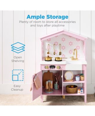 Pretend Play Wooden Farmhouse Kitchen Set w/ Storage, Clicking Knobs, 5 Accessories