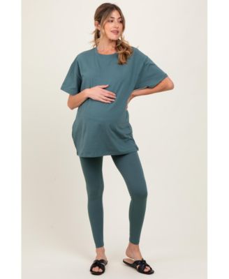 Maternity Light Olive Oversized Crewneck Short Sleeve and Legging Set