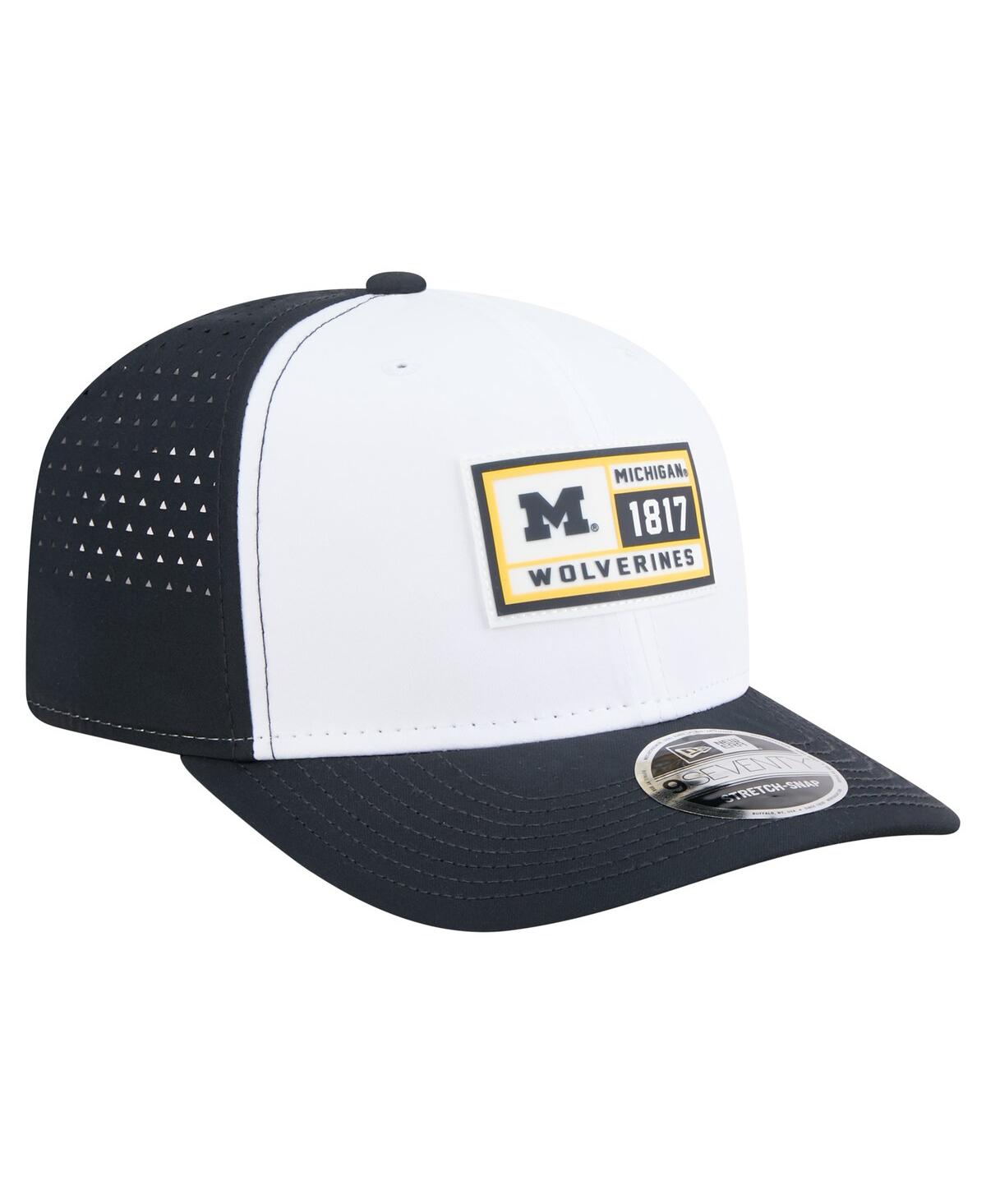 New Era Men's White/navy Michigan Wolverines Perforated Patched 9seventy Adjustable Hat In Black
