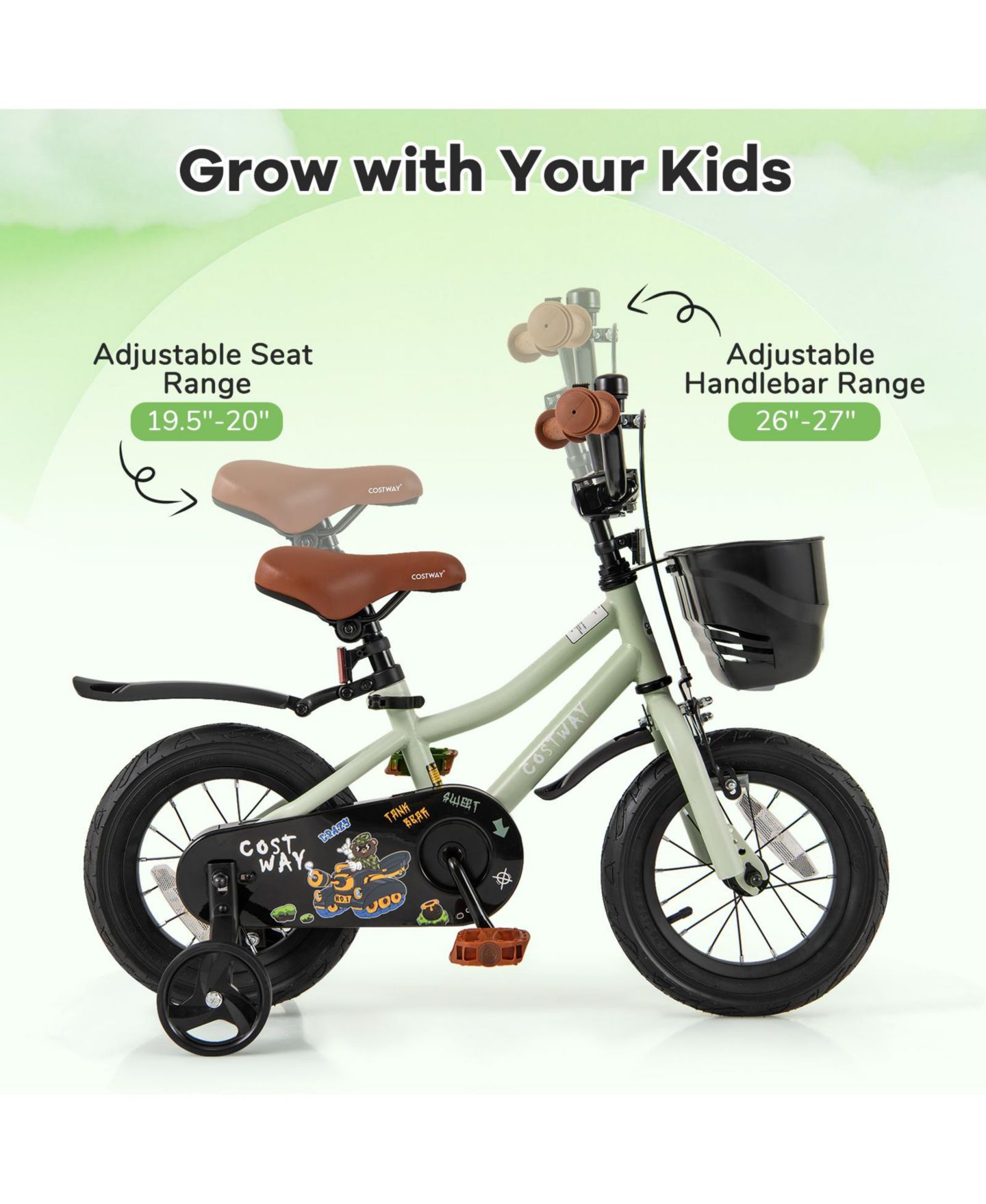 Детская игрушка Costway 12" Kids' Bike with Adjustable Handlebar and Seat, Training Wheels, Coaster Brake, 145 lbs, от 3 лет, цвет: Зелёный — фото 10