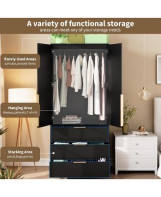 Armoire Wardrobe Closet, 69.5&amp;#x22; Wooden Wardrobe Cabinet with 3 Drawers, Hanging Rod, 2 Doors Clothing Storage Cabinet for Bedroom