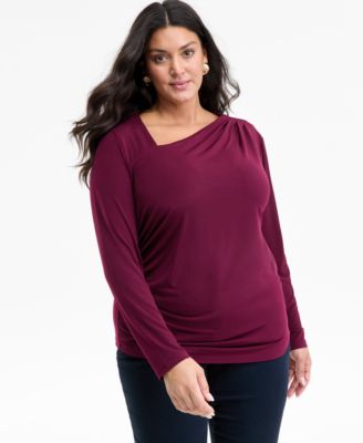 Plus Size Asymmetric-Neck Long-Sleeve Top, Macy's Exclusive 