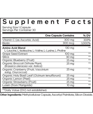 Collagen Builder Supplement - Organic Whole Foods, Lutein, Vitamin C, Biotin, Lysine, Proline Collagen Boosters - Organic Cranberry, 30 Capsules