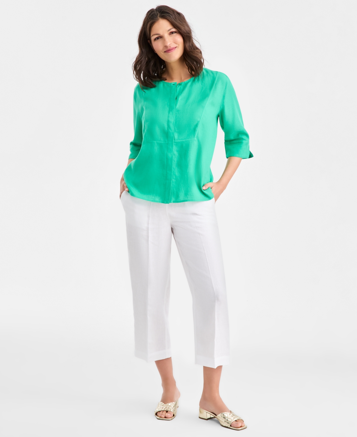 Charter Club Women's 100% Linen Front-bib 3/4-sleeve Blouse, Macy's Exclusive In Green