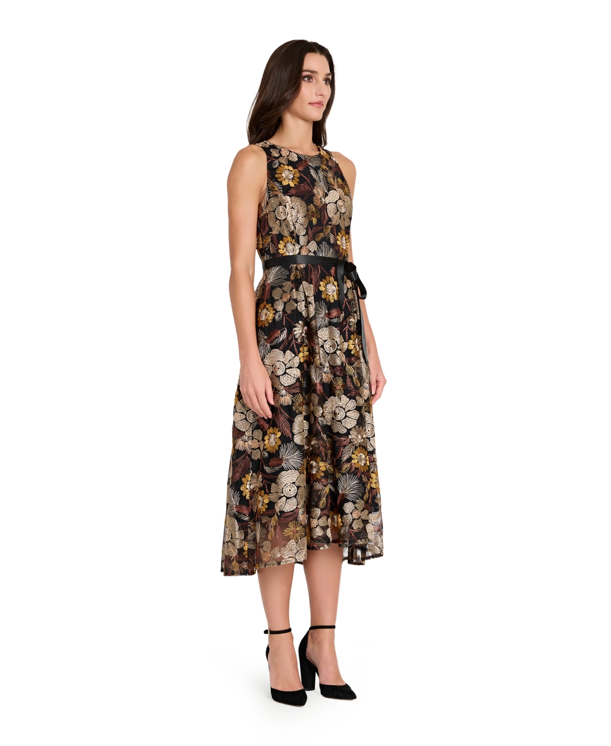 Tahari Asl Embroidered Tie Waist Sleeveless Midi Dress In Brown