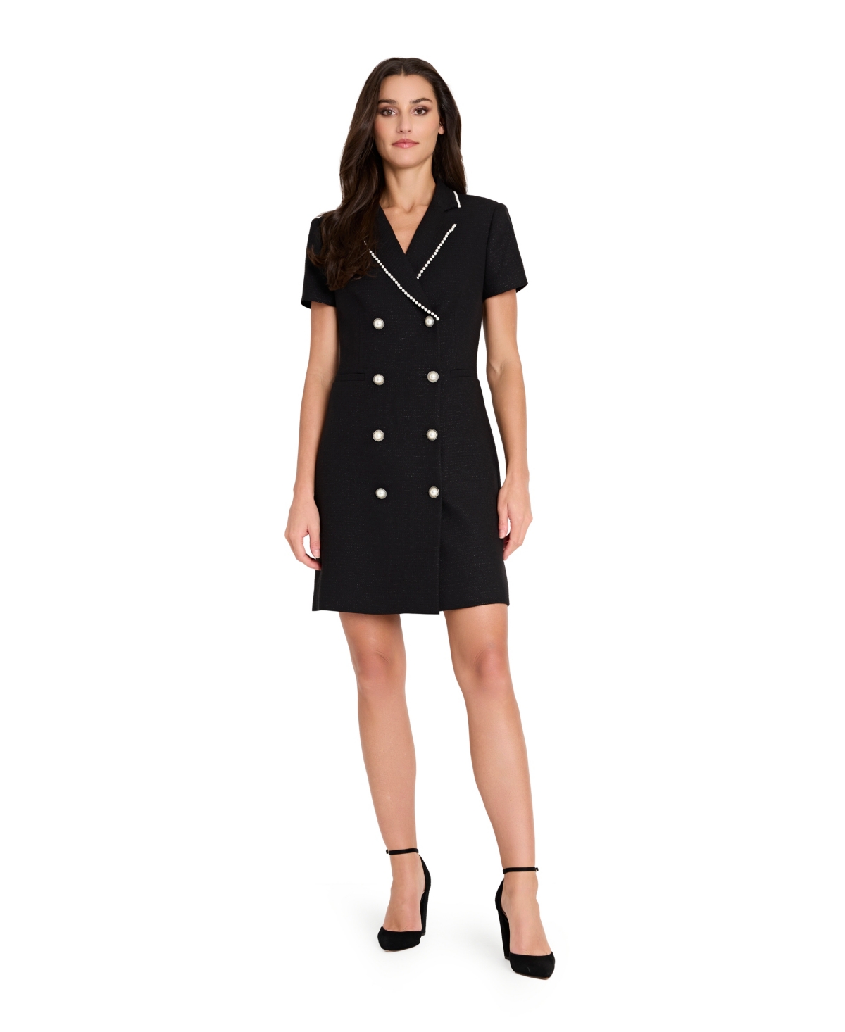 Tahari Asl Faux Pearl Trim Tweed Dress In Black