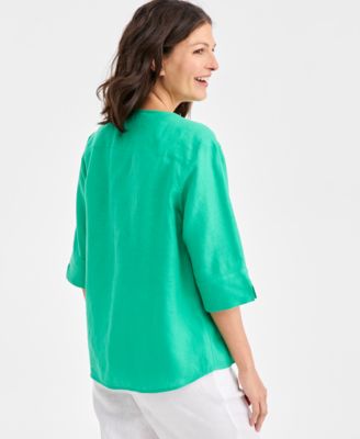 Women's 100% Linen Front-Bib 3/4-Sleeve Blouse, Macy's Exclusive