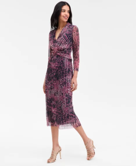 Petite Long-Sleeve Twist Front Classic Midi Dress - Lotus Pink Multi