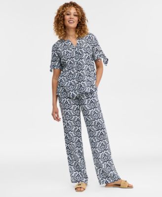 Women's 100% Linen Tile Tie-Cuff Split-Neck Top, Macy's Exclusive