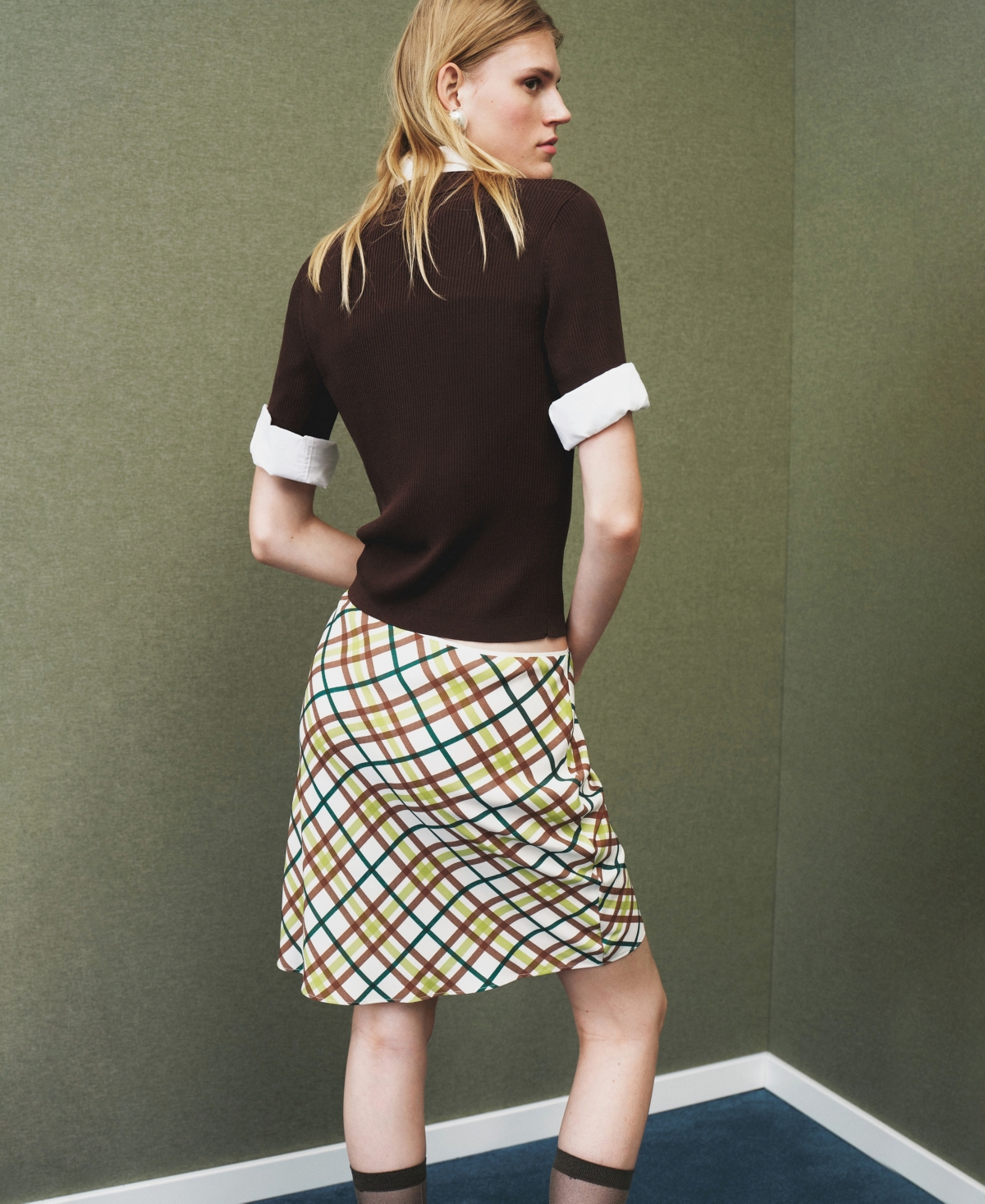 Mango Short Checkered Skirt In White