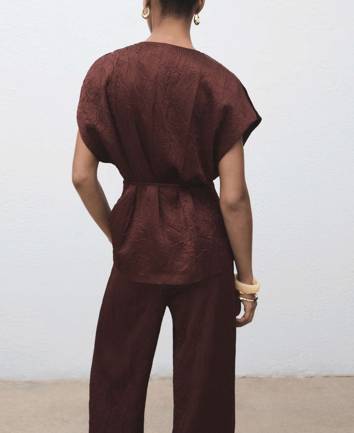 Mango Double Breasted Crinkled Effect Wrap Jacket In Brown
