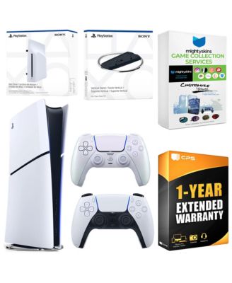 PS5 Slim Digital Bundle with Disc Drive, Extra Controller, Vertical Stand, Mighty Skins Game Collection Services & 1-Year Extended Warranty