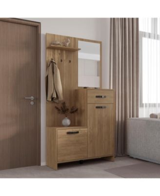 Olpe Hall Tree, 2 Doors, 1 Drawer, 1 Shelf, 1 Mirror, Natural Oak