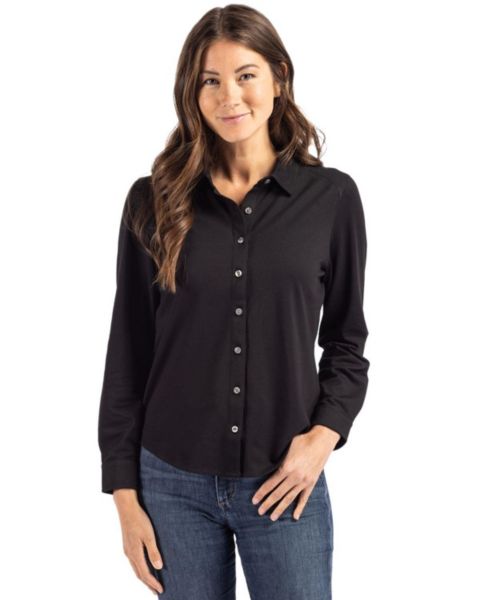 Женский топ Cutter & Buck Advantage Tri-Blend Soft Pique Long Sleeve Knitted Button Down, цвет: Чёрный