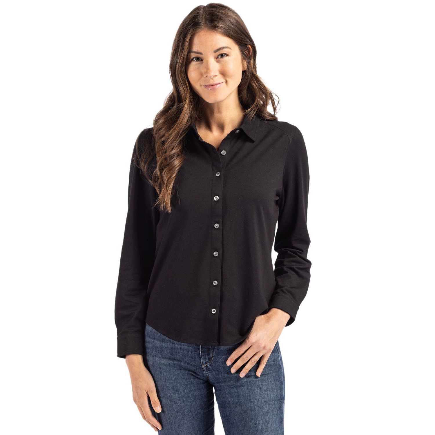 Women's Cutter and Buck Advantage Tri-Blend Soft Pique Long Sleeve Knitted Button Down