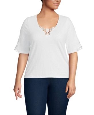 Plus Size Elbow Sleeve Slub Lace Trim T-Shirt