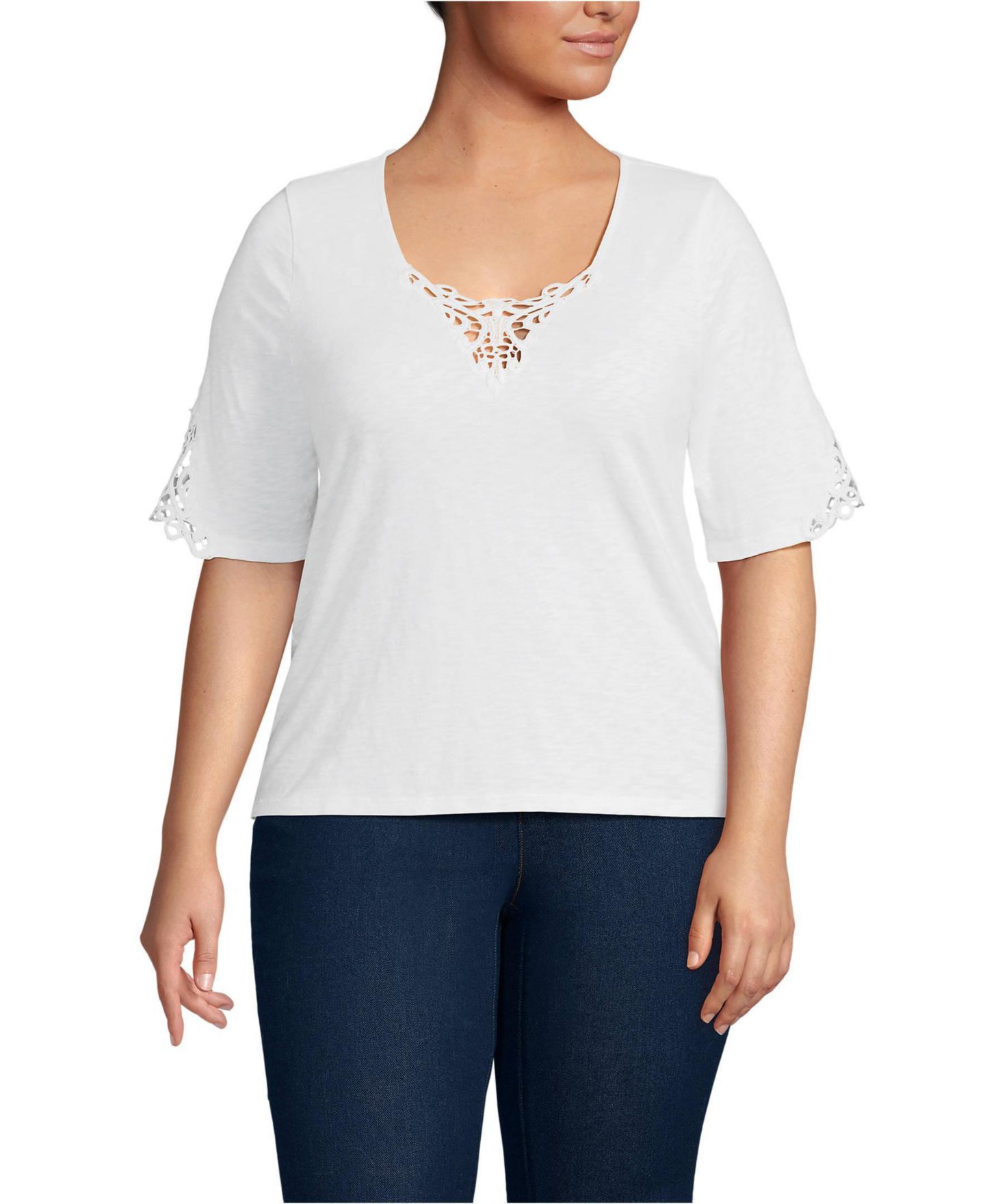 Женская футболка Lands' End Plus Size Elbow Sleeve Slub Lace Trim, цвет: Белый — фото 1