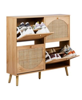 Shoe Cabinet with 2 Rows of 4 Dump Buckets High Feet Arched Rattan Surface