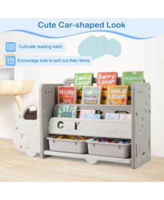 3-Tier Kids Toy Storage and Bookshelf with 2 Storage Boxes Decorative Car Head
