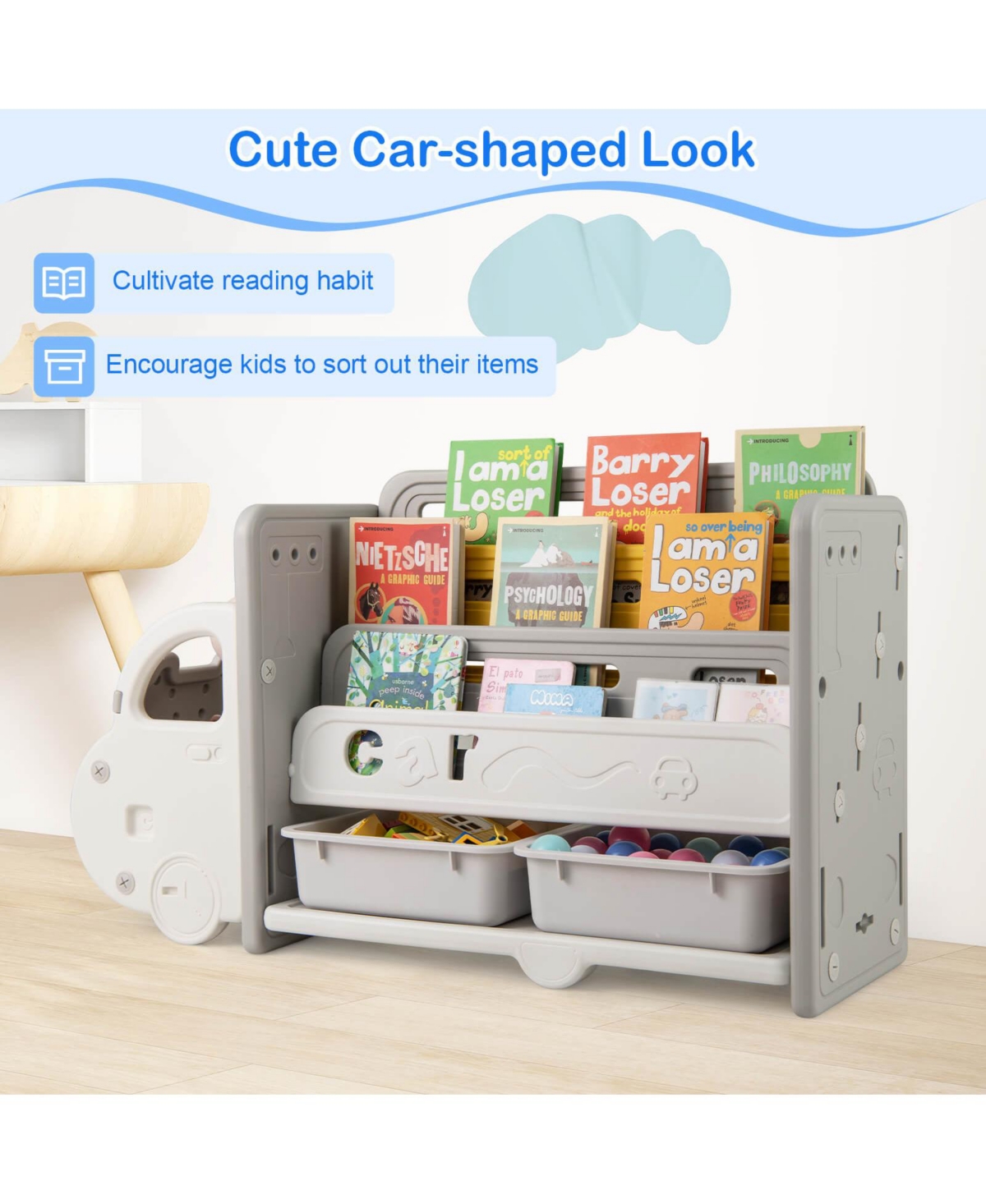 Costway 3-Tier Kids Toy Storage and Bookshelf with 2 Storage Boxes Decorative Car Head