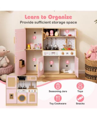 Wooden Kids Kitchen Playset Pretend Play Kitchen with Real Sounds Lights