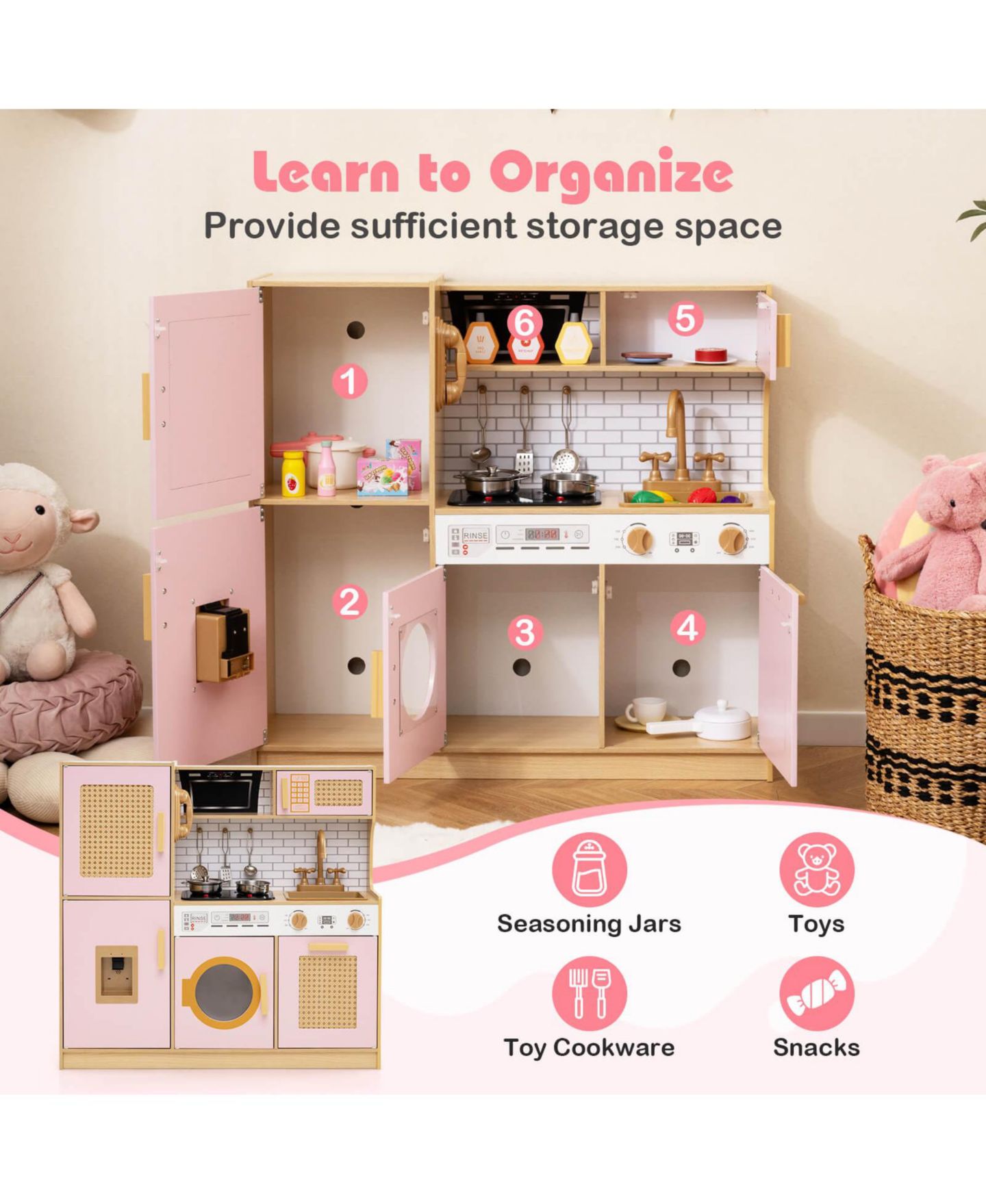 Детские игрушки Costway Interactive Lights and Sounds Wooden Kitchen Playset, 5-Piece Set, Ages 3+, цвет: Розовый — фото 7