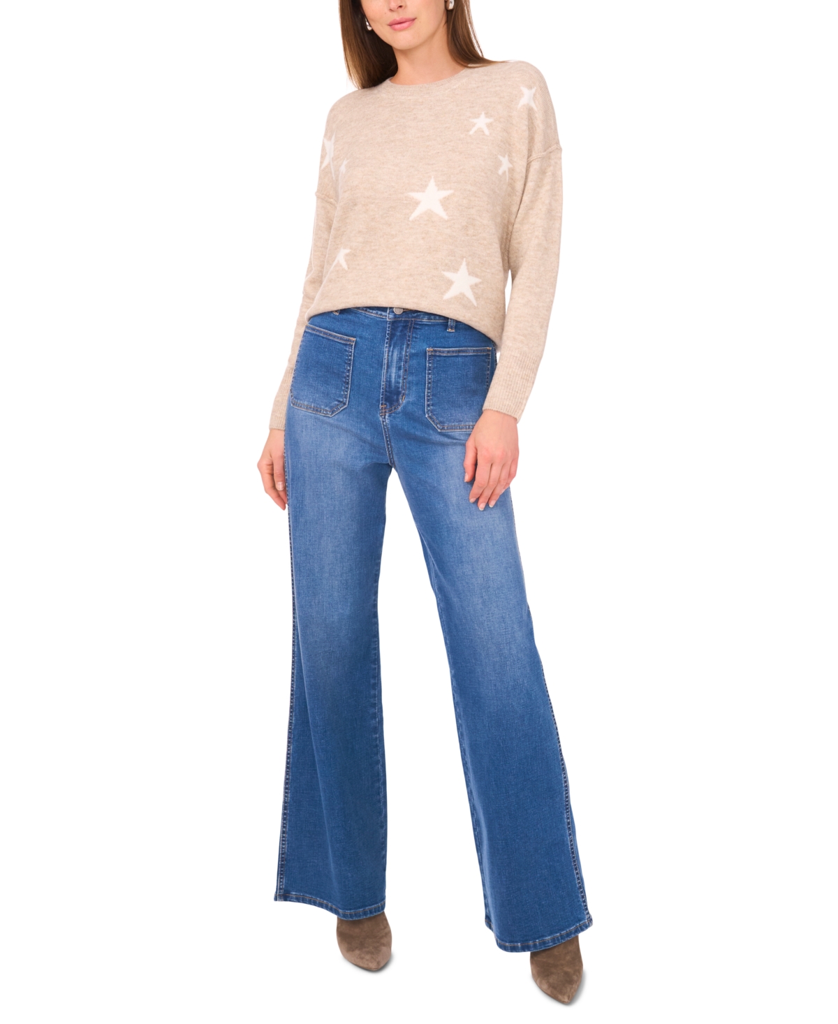 Vince Camuto Women's Cozy Crewneck Star-Print Dropped-Shoulder Sweater