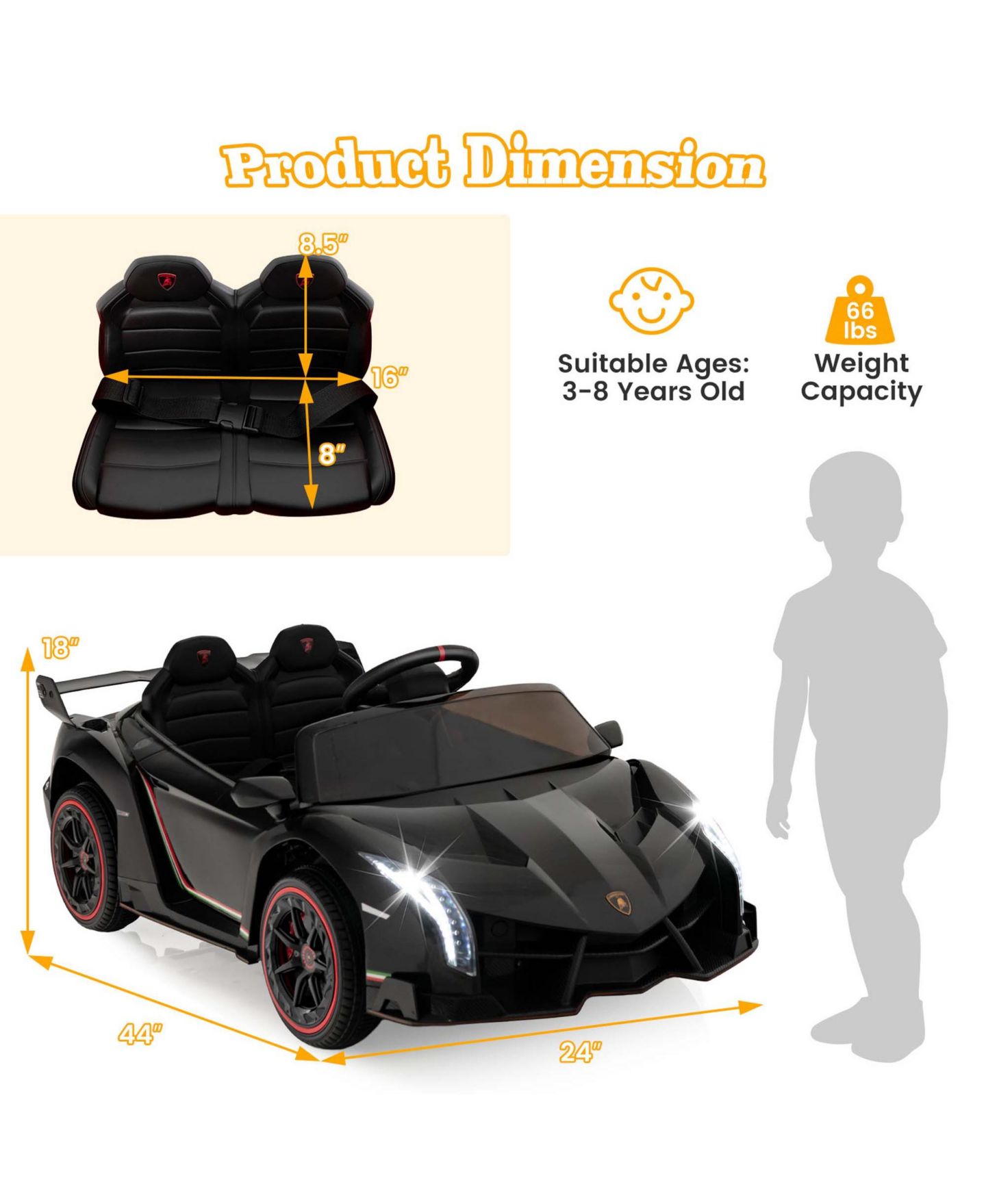 Детская игрушка Costway Licensed Lamborghini 4WD 12V Electric Kids Ride-On Car (24"W x 44"D x 18"H), 66 lb. Capacity, Ages 3-8, цвет: Чёрный — фото 3