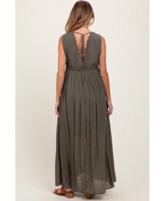 Olive Deep V-Neck Sleeveless Button Down Maternity Maxi Dress