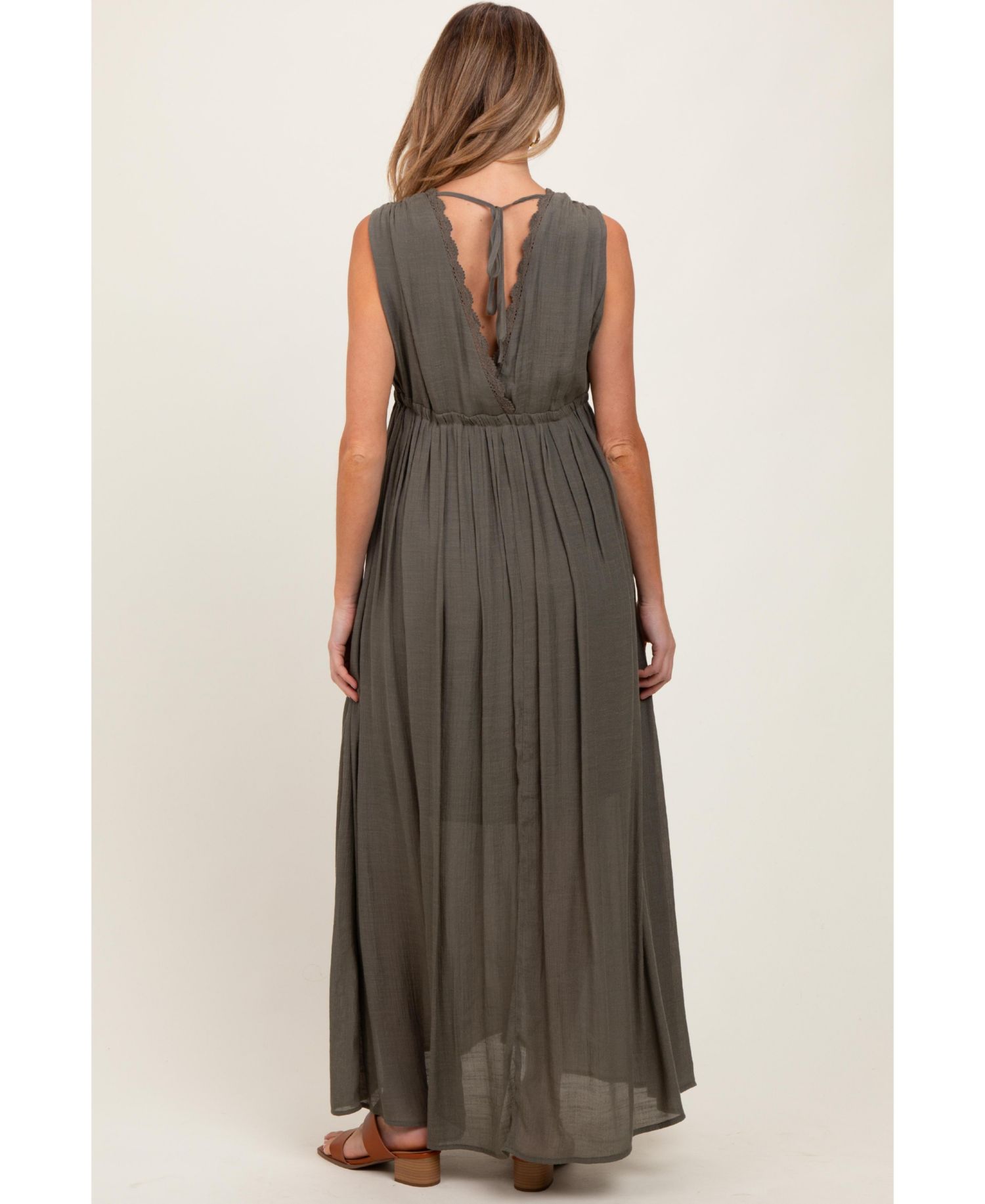 Women's Olive Deep V-Neck Sleeveless Button Down Maxi Dress