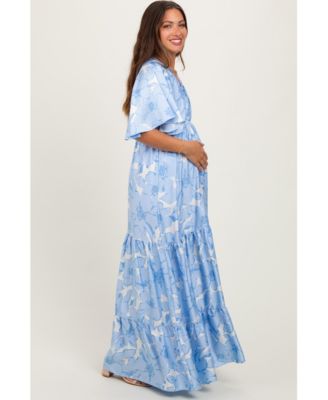 Maternity Floral Short Sleeve Deep V-Neck Tiered Maternity Maxi Dress
