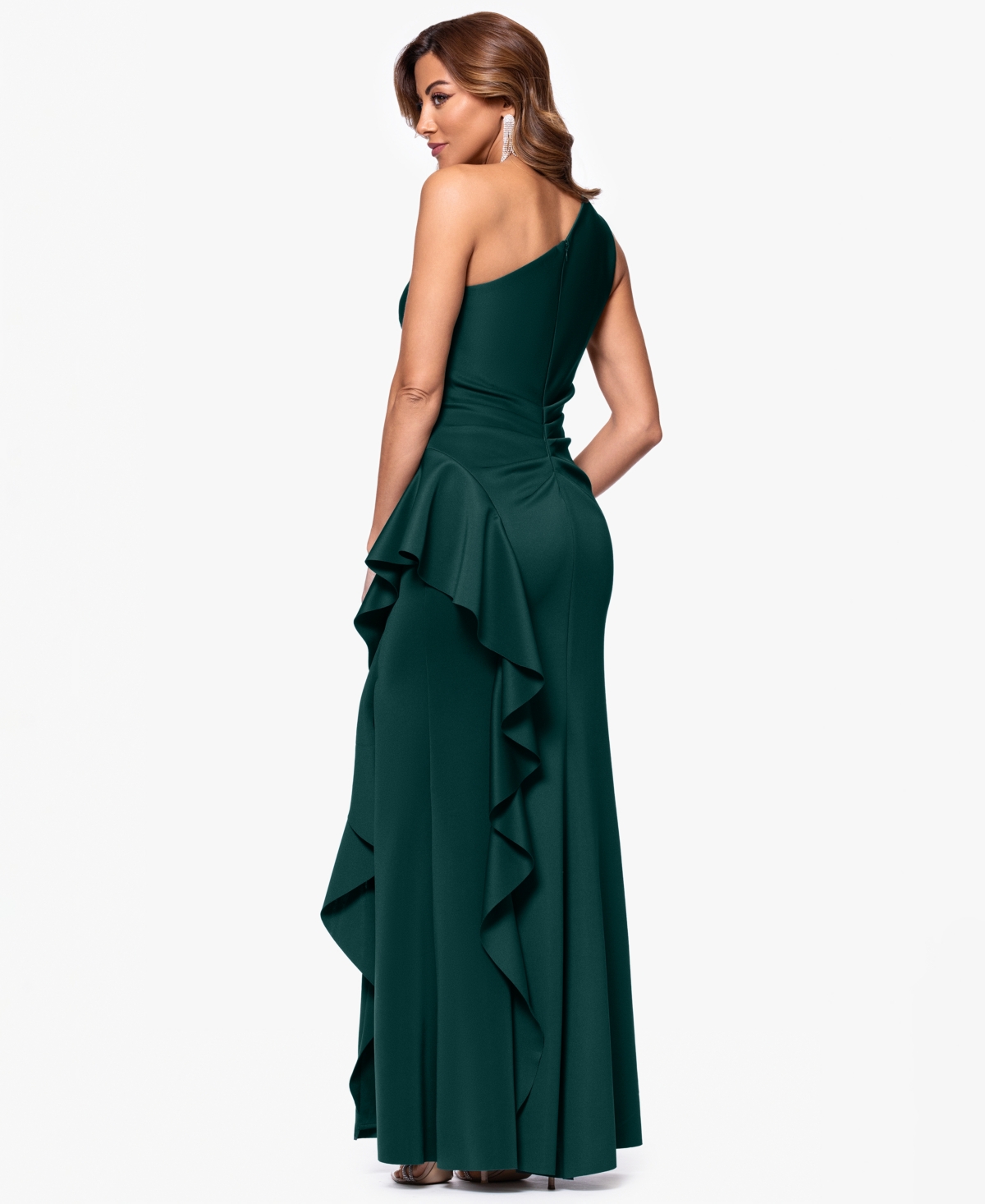 Xscape Petite Gathered-waist One-shoulder Evening Gown In Green