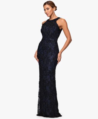 Petite High-Neck Sleeveless Lace Sheath Gown