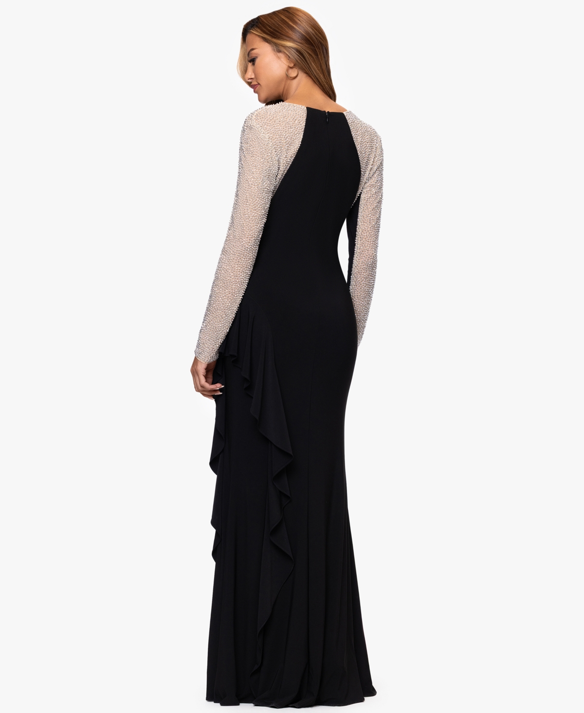Xscape Petite Long Beaded Sleeve Dress In Black