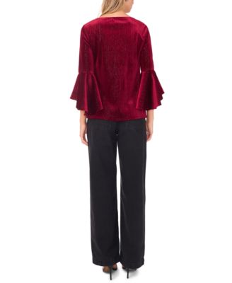 Women's Velvet Crewneck Bell 3/4-Sleeve Blouse