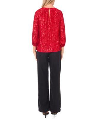 Women's Crewneck Keyhole Sequin Puff 3/4-Sleeve Top