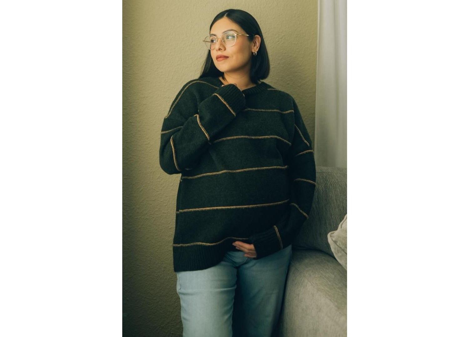 Women's Olive Striped Drop Shoulder Sweater