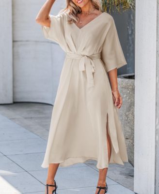 Women's V-Neck Belted Midi Beach Dress