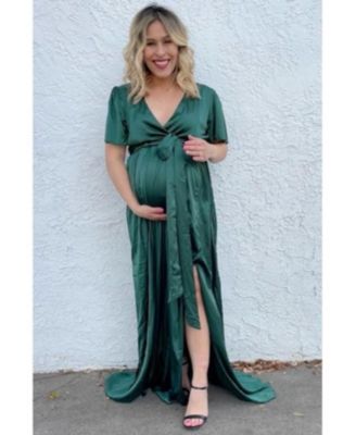 Maternity Green Side Slit Satin Maternity Maxi Dress