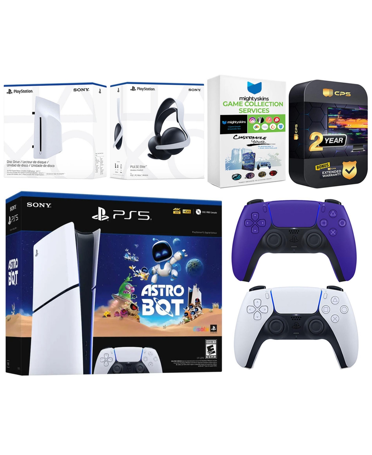 Sony PlayStation 5 Slim Digital Astro Bot Bundle with Disc Drive, Extra Controller, Pulse Elite Headset, MightySkins Game Services and 2 Year Extended