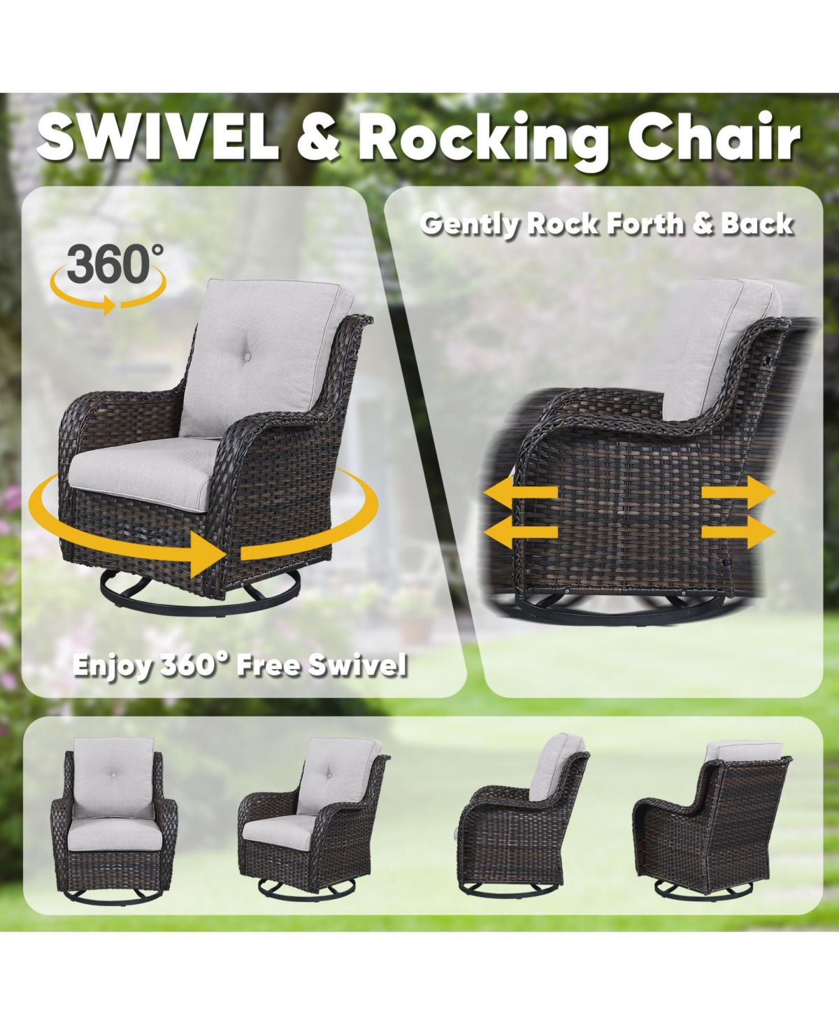 Gymojoy ArcLine Brown Wicker Swivel Glider Outdoor Rocking Chair with CushionGuard Blue Cushion (2-Pack