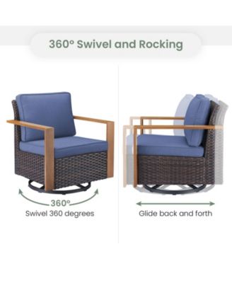 CubeEdge Brown Wicker Patio Swivel Chair Set Outdoor Rocking Chair with CushionGuard Blue Cushions (2-Pack)
