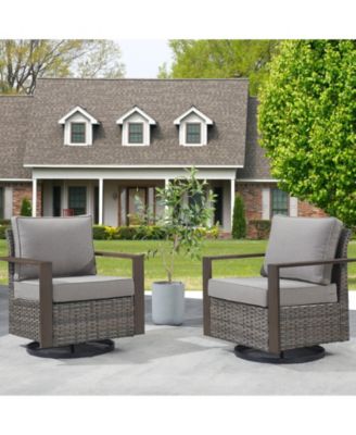 CubeEdge Brown Wicker Patio Swivel Chair Set Outdoor Rocking Chair with CushionGuard Blue Cushions (2-Pack)